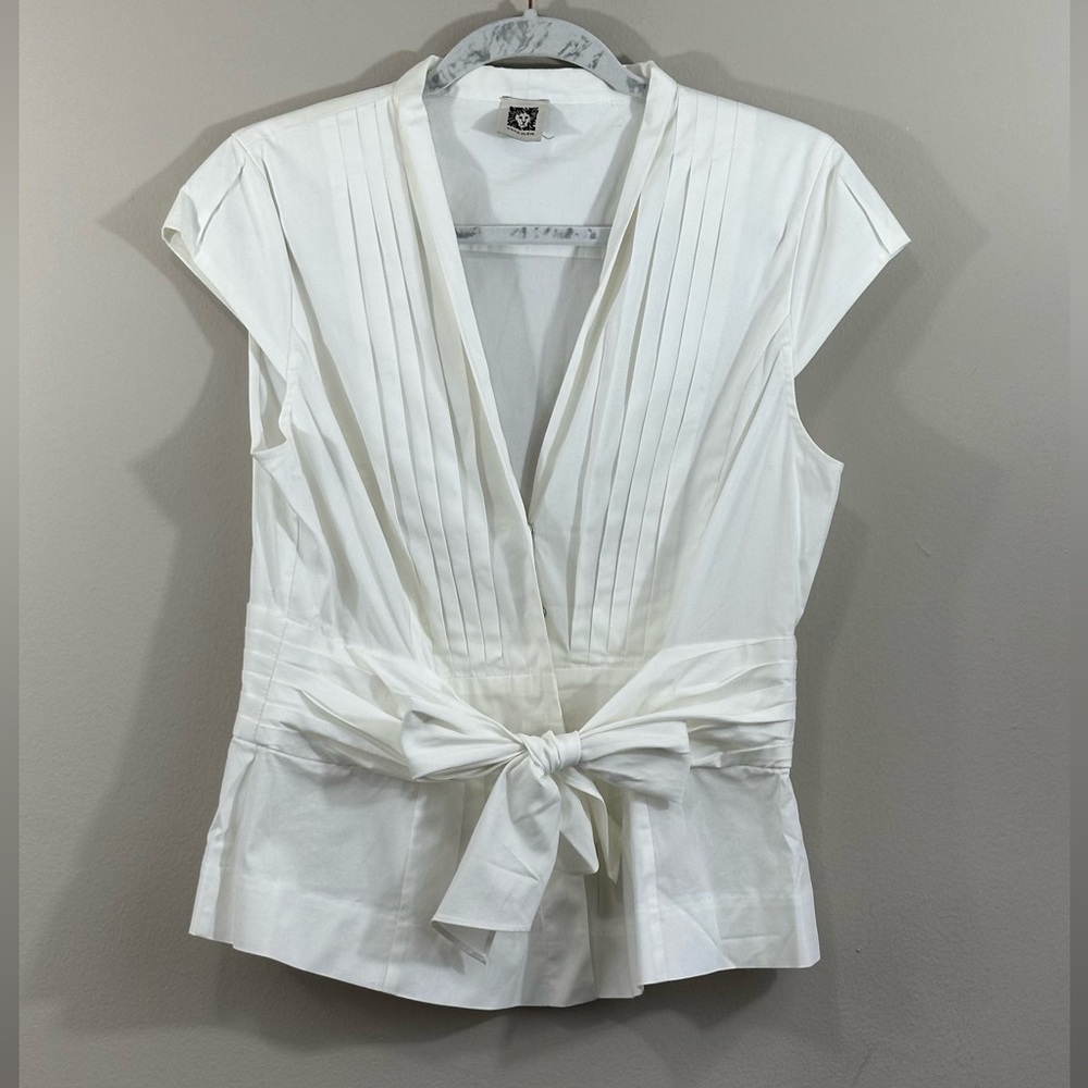 Anne Klein Ivory Pleated Blouse with Waist Bow